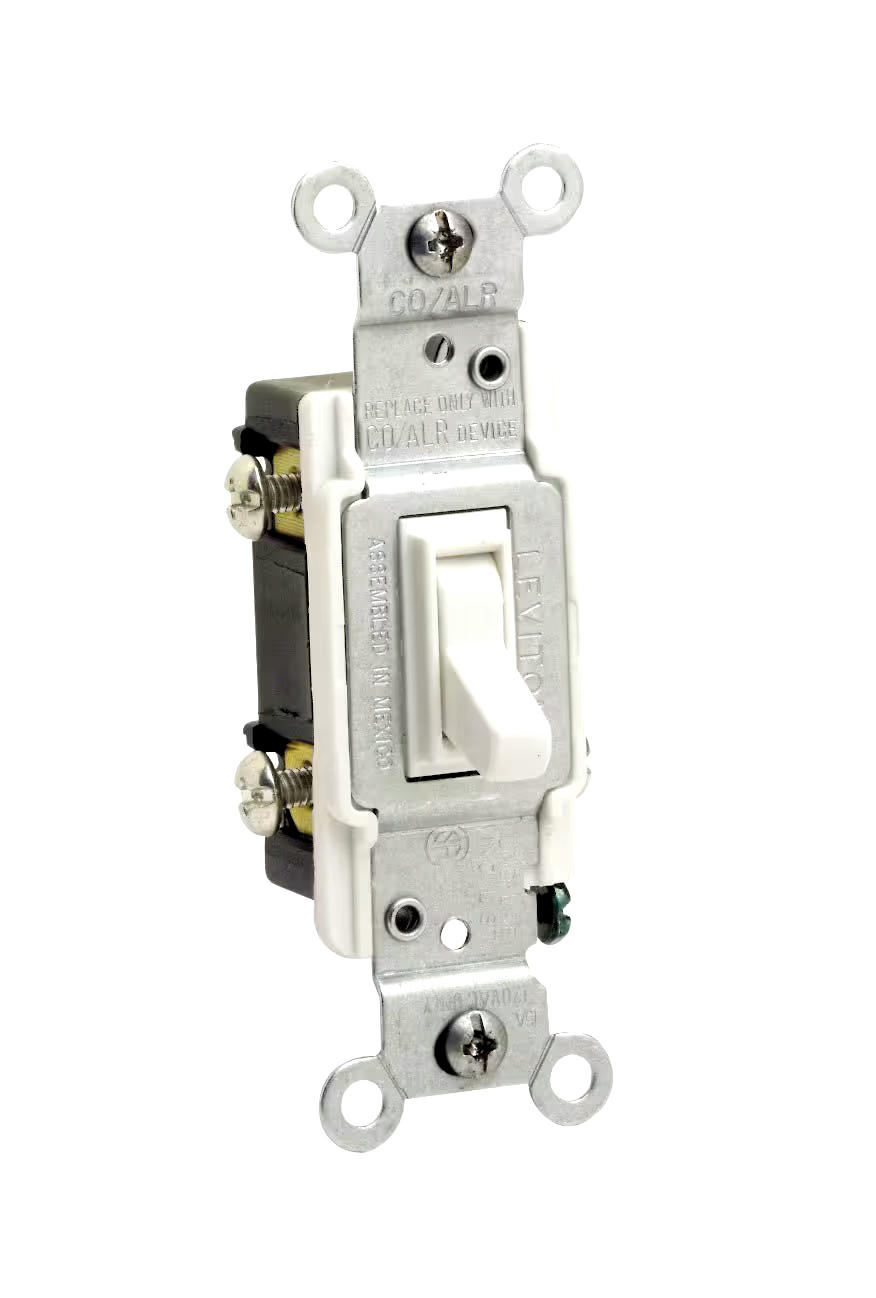 Leviton 02653-732 3-Way CO/ALR AC Toggle Switch, 15A, 120V, Grounding, Residential Grade, White