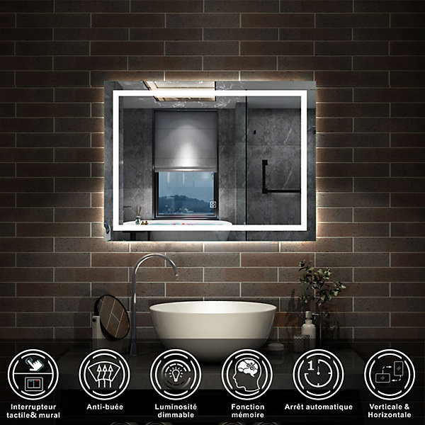 Miroir de salle de bain LED dimmable, avec mémoire et anti-buée, 80x60cm, IP44, AICA SANITAIRE