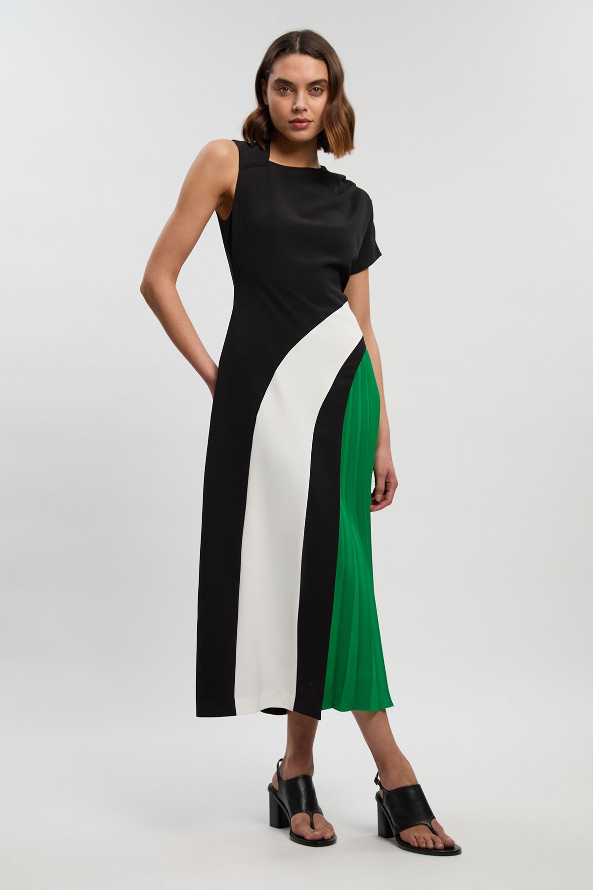 KarenMillen Petite Soft Tailored Colour Block High Neck Pleated Midi Dress