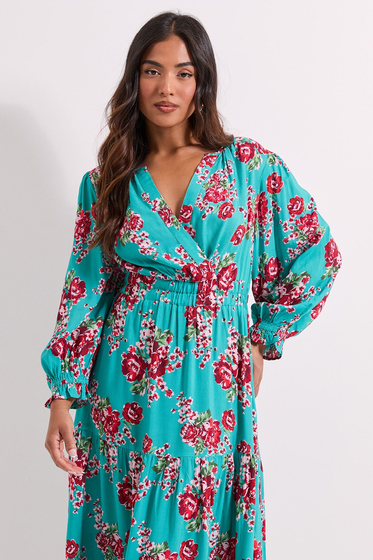 Dorothy Perkins Petite Floral Wrap Front Tiered Skirt Midaxi Dress