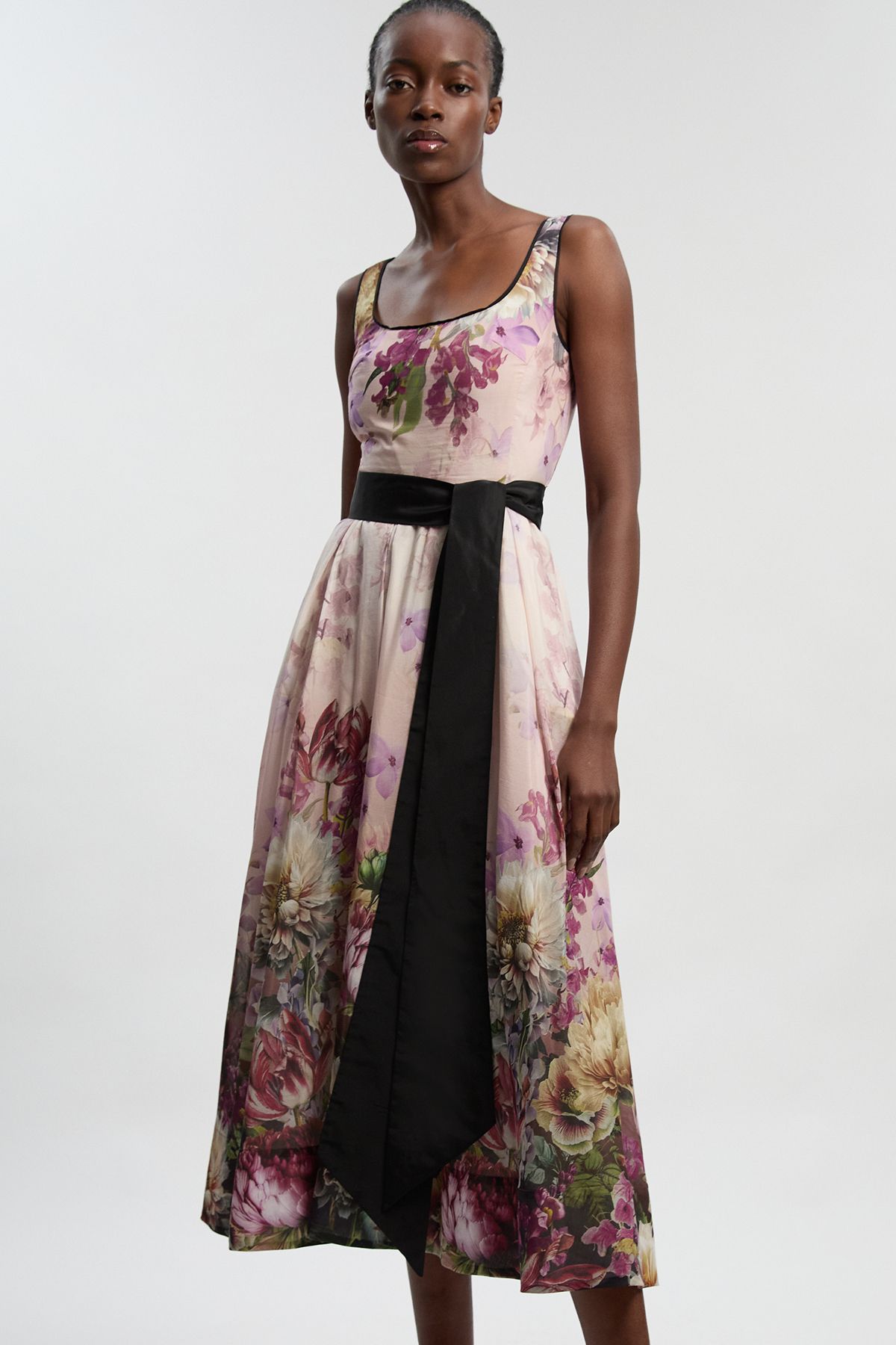 KarenMillen Floral Print Silk Cotton Strappy Woven Maxi Dress