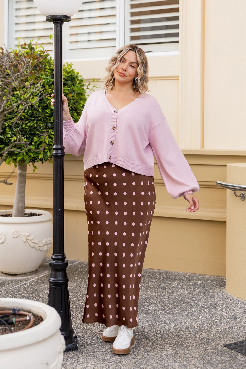 Livy Bias Skirt in Choc/Pink Polka Dot