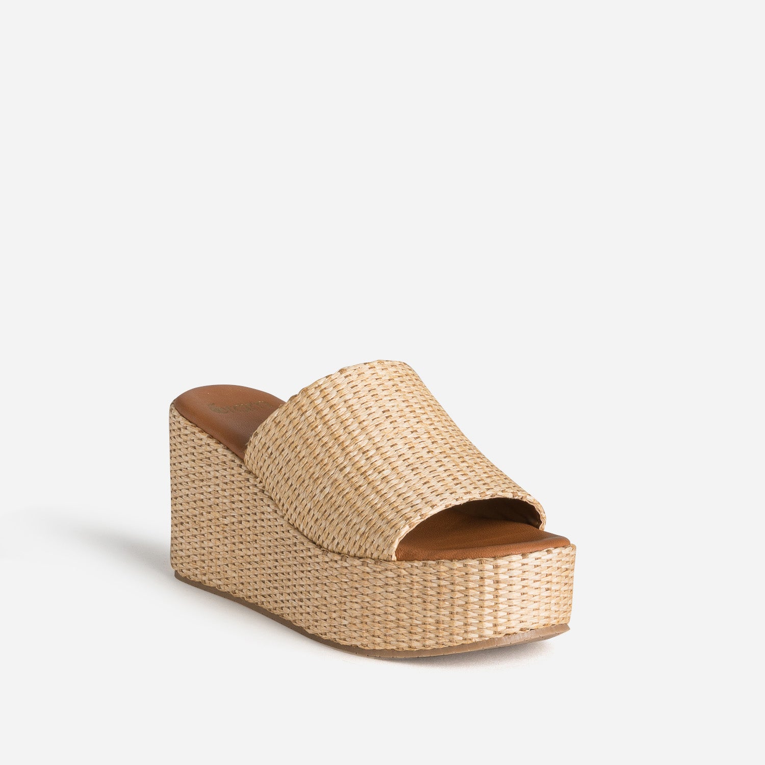 Mule compensée beige raphia tressé