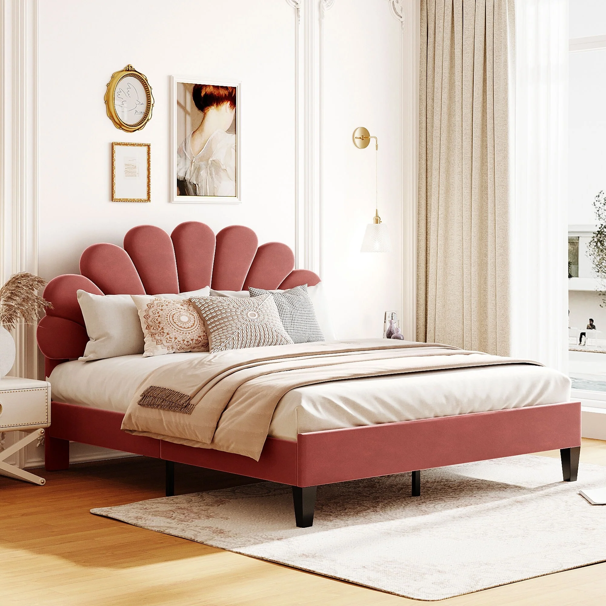 Queen Size Upholstered Platform Bed with Velvet Flower Pattern Headboard