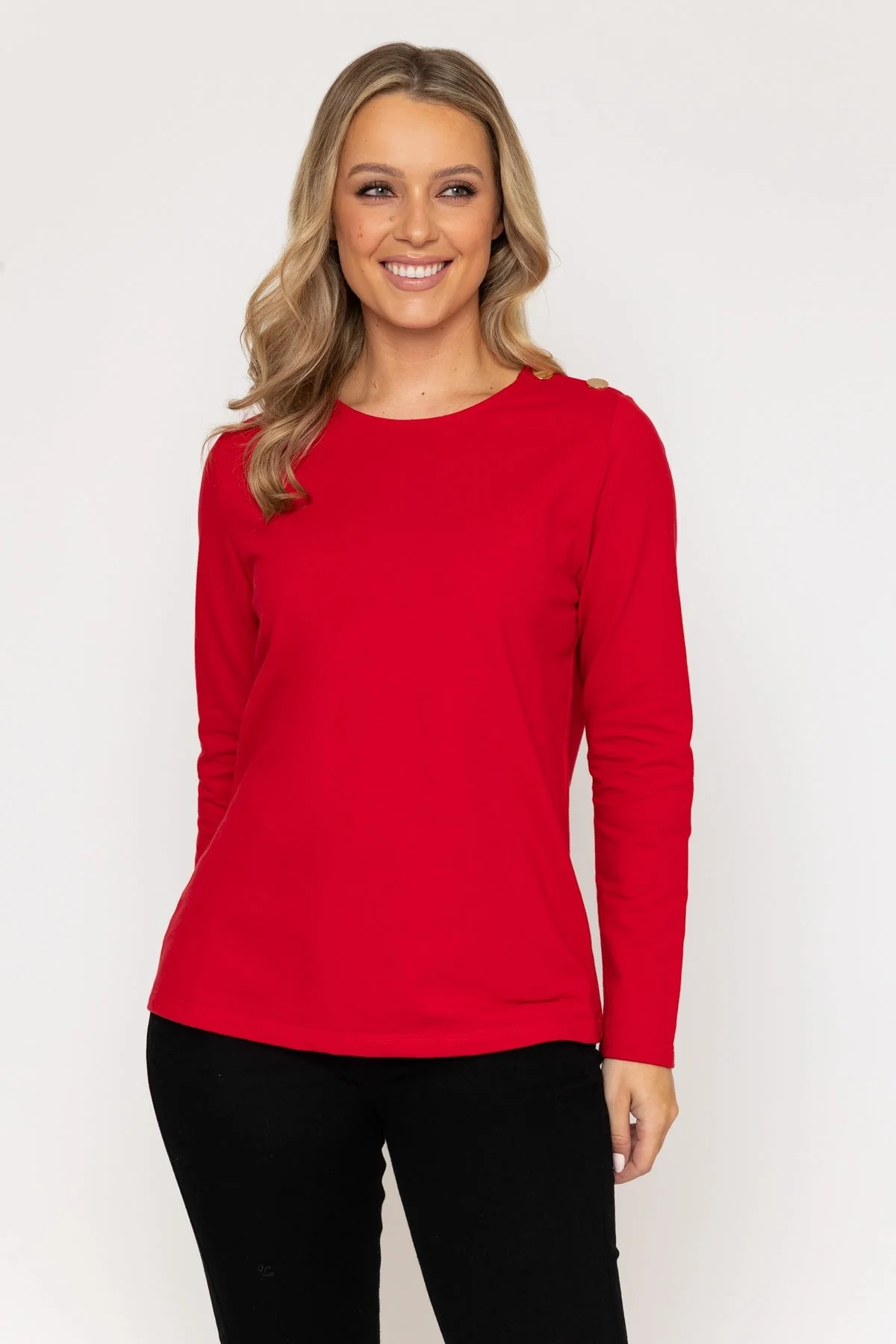 Red Cotton Long Sleeve Top With Golden Buttons
