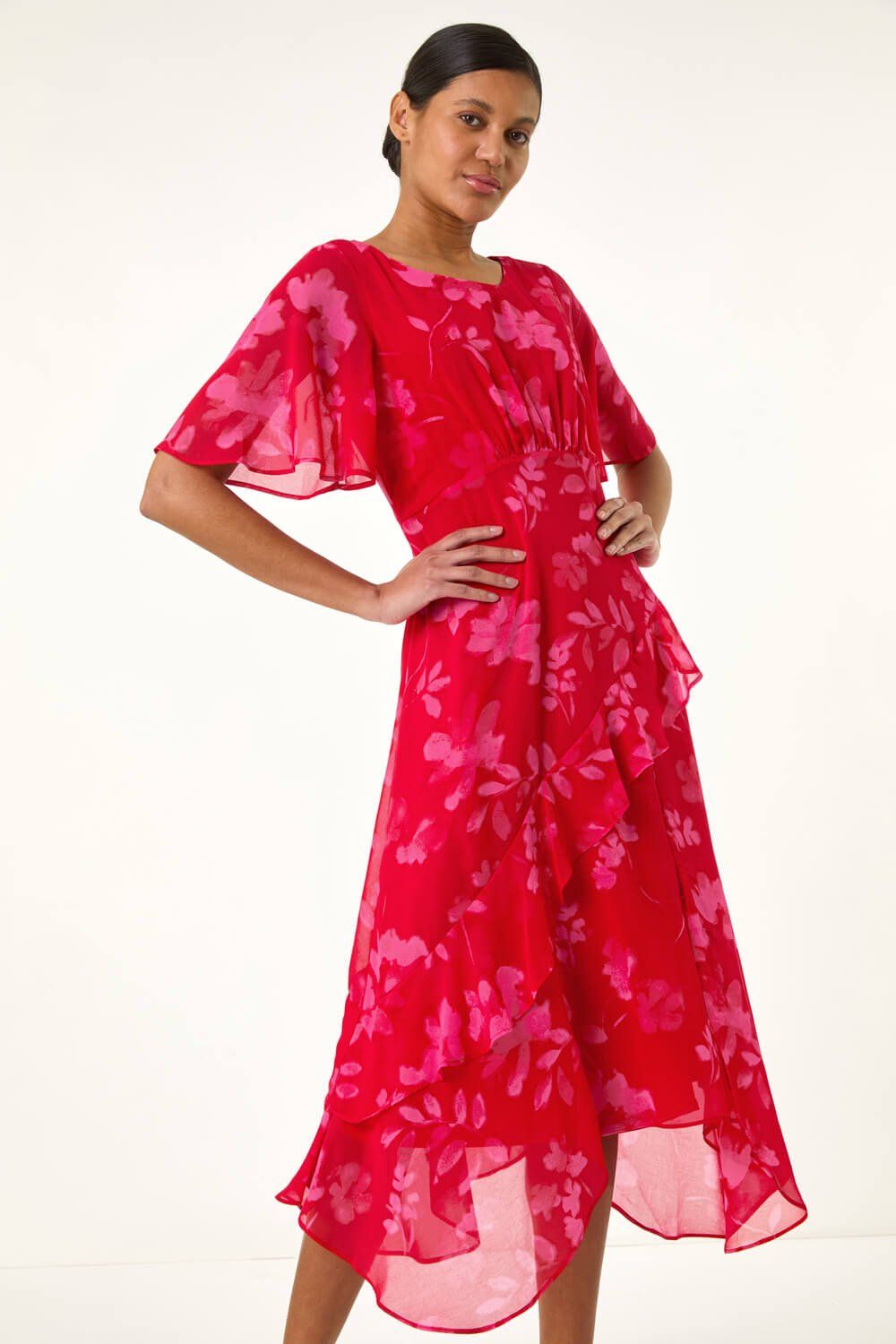 Roman Floral Frill High Low Midi Dress