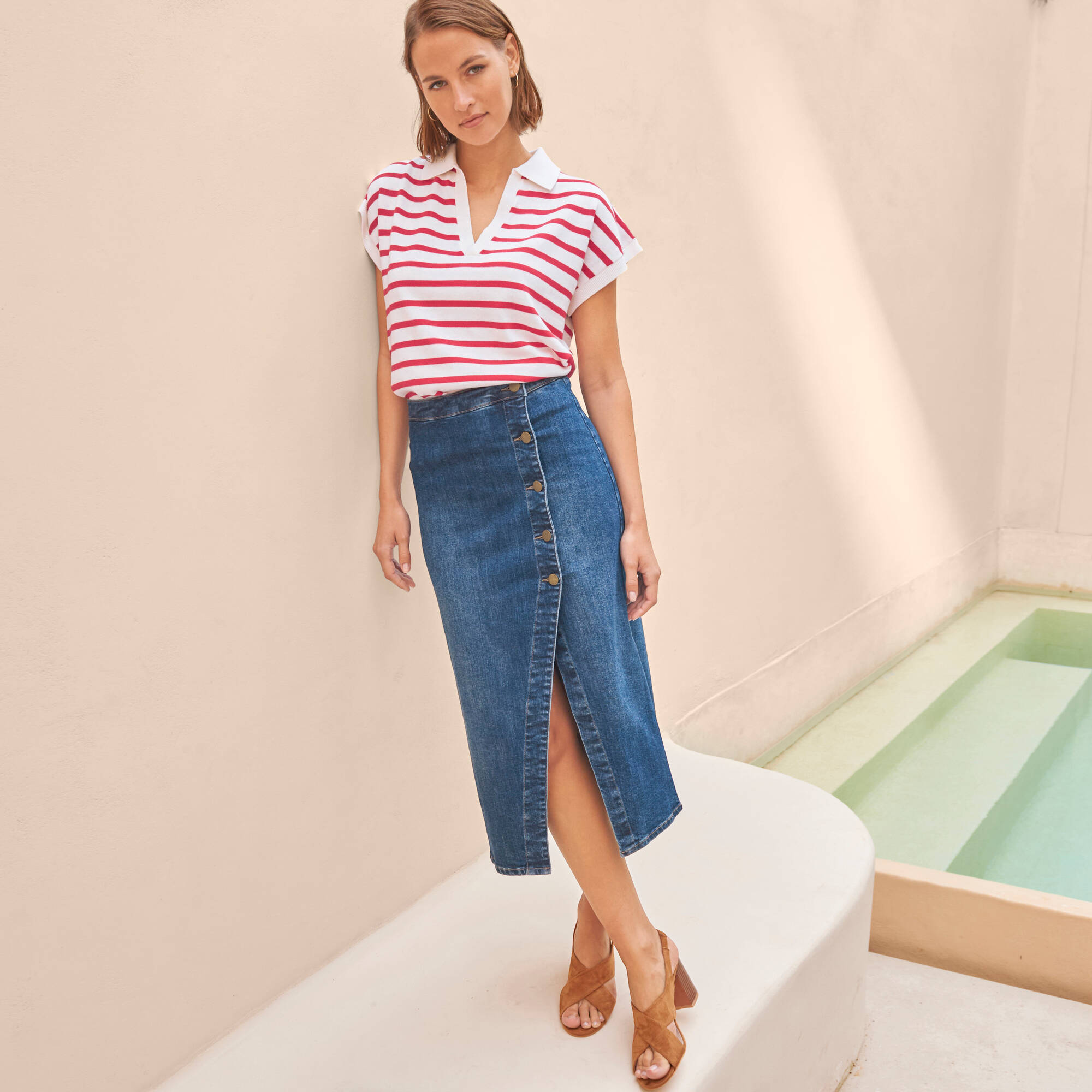 Jupe longue portefeuille en jean