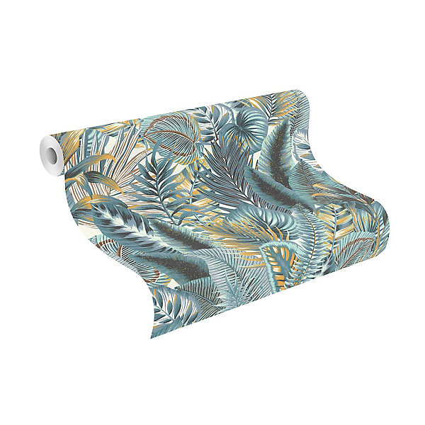 Papier peint vinyle intissé feuillage tropical bleu L.1001 x l.53cm Rasch, Amazonia