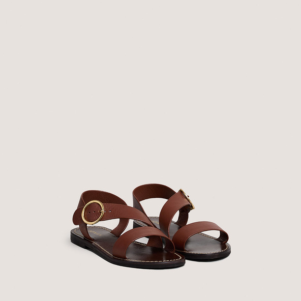 Sandales à brides larges et boucles ajus...en cuir cognac | WELBI