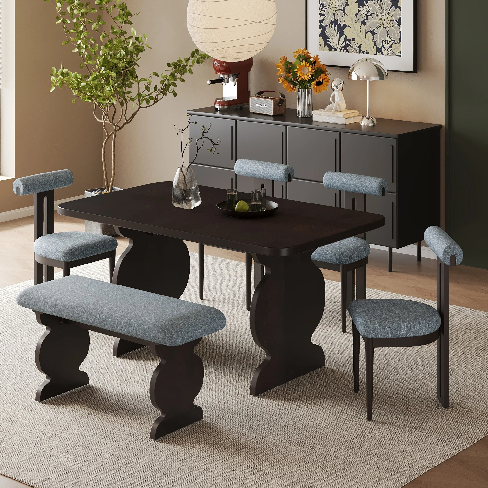 Roomfitters 6-Piece Mid-Century Dining Table Set for 6 with Padded Chairs and Bench