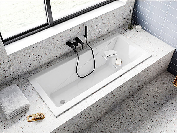 Baignoire rectangulaire 140 x 70 MODERN SLIM acrylique blanc   Habillage en polystyrène (4 cm)   Pieds   Vidage à chromé