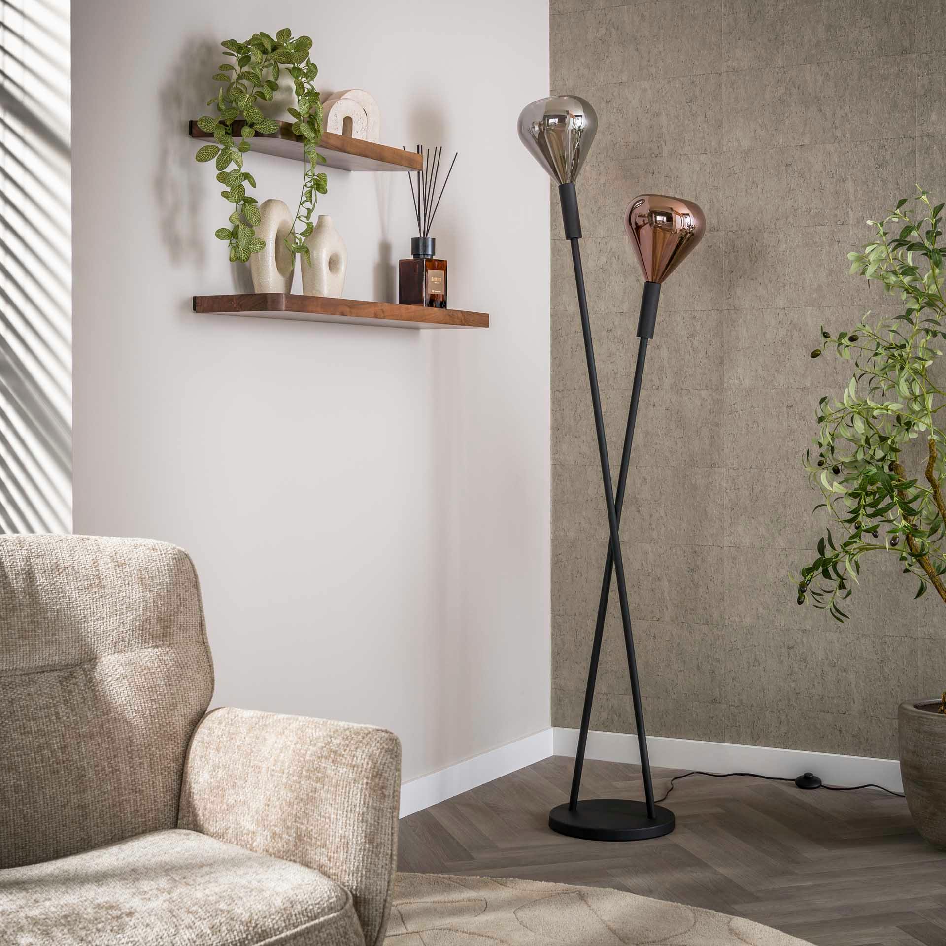 Lampadaire design tiges croisées, 2 abat-jour gouttes NIAGARA