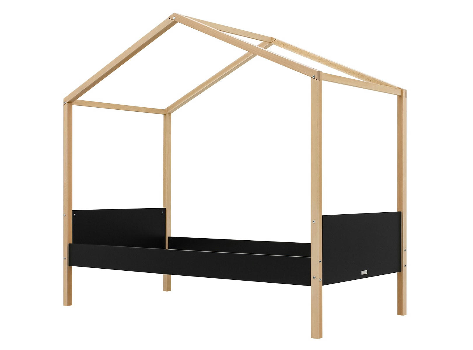 LIAM - Lit maison 90x200 en MDF et hêtre noir mat