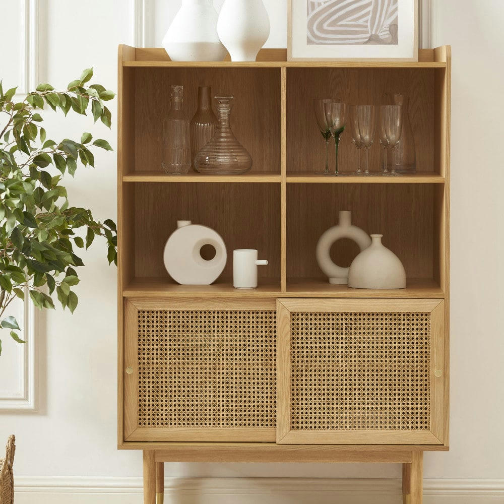 BOMBONG - Bibliothèque 2 portes, 4 niches en bois et cannage H152cm bois clair