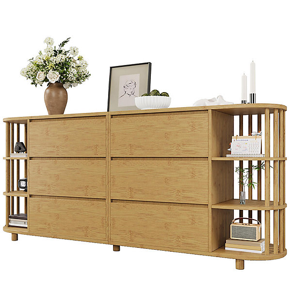 Commode buffet design romain,160x75x40cm,chêne, colonnes bambou, 6 tiroirs, étagères ouvertes, pieds réglables