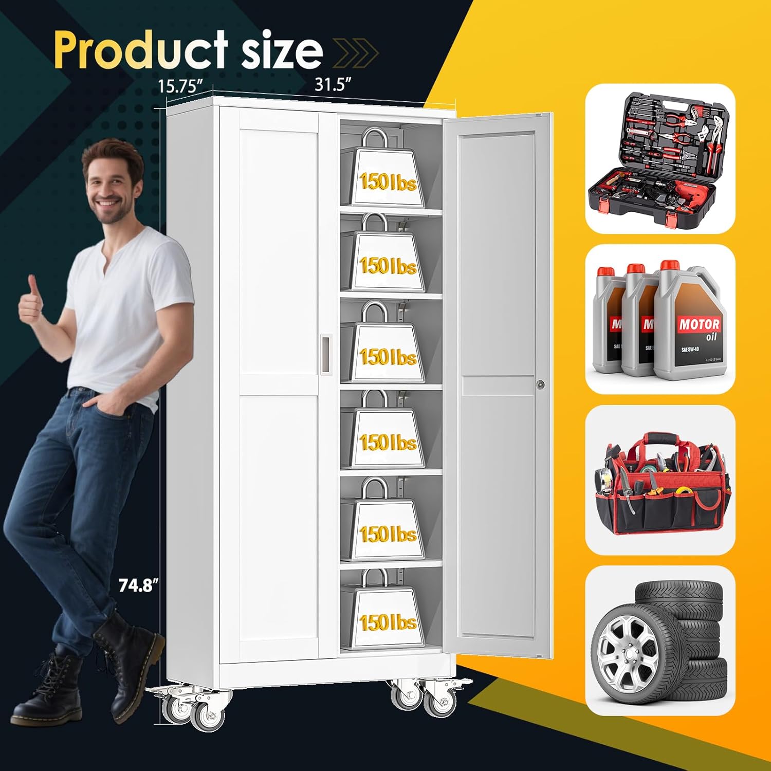 PAOFIN 75''H Metal Garage Storage Cabinet with Wheels,Steel File Cabinets with 2 Doors and 5 Adjustable Shelves for Home Office, Warehouse, Required Assembly,White