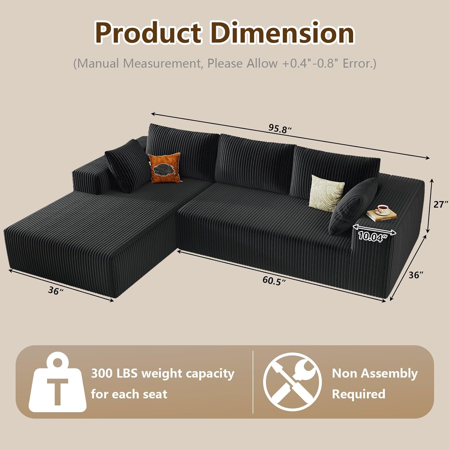 96 Modular Sectional Couch, Boneless L Shaped Cloud Sofa with Chaise Lounge, Corduroy Upholstered Couches Memory Foam Deep Seat, No Assembly Required, Ideal for Living Room(Black, Left Facing)