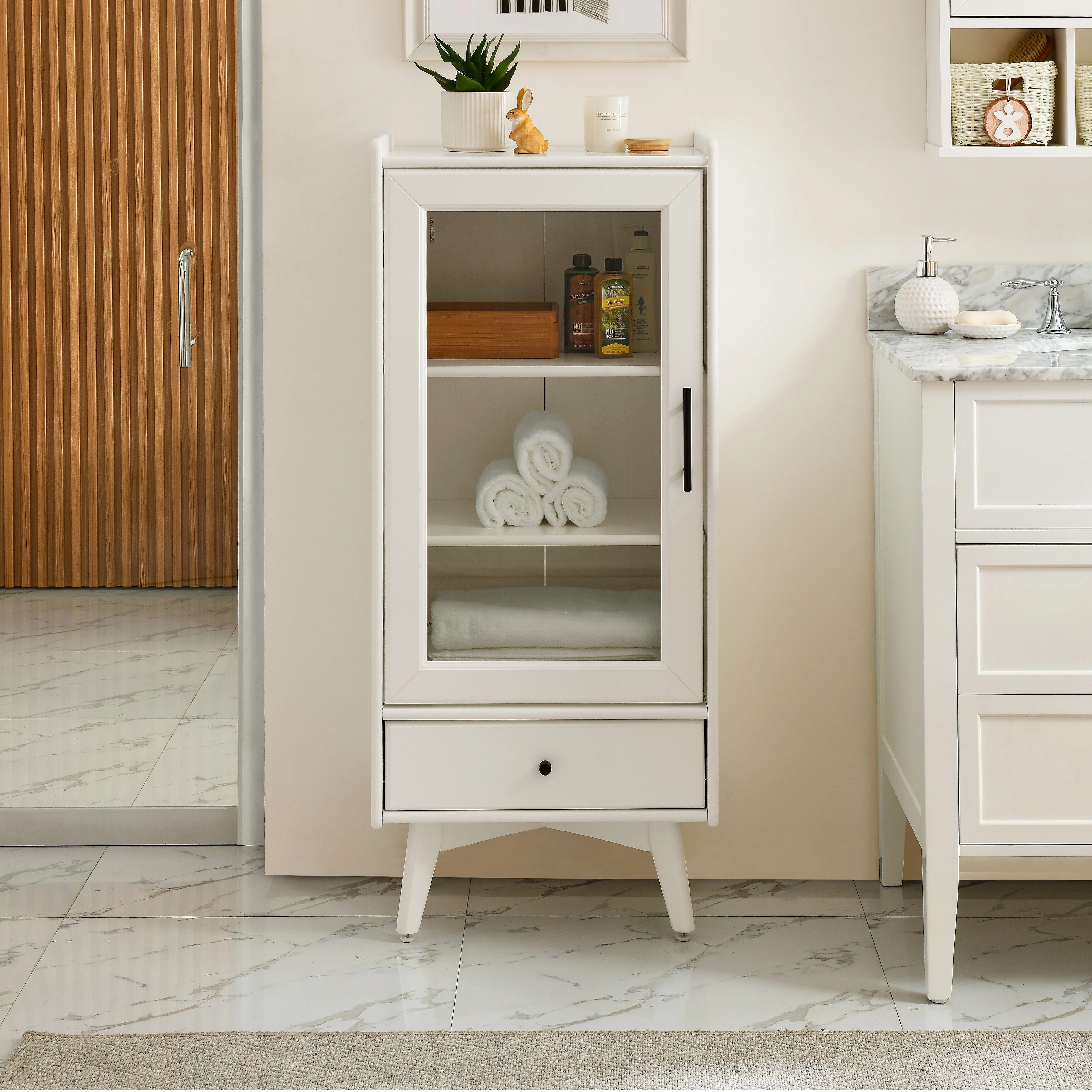 Modern Bathroom Storage Cabinet with Glass Door and Double Adjustable Shelves