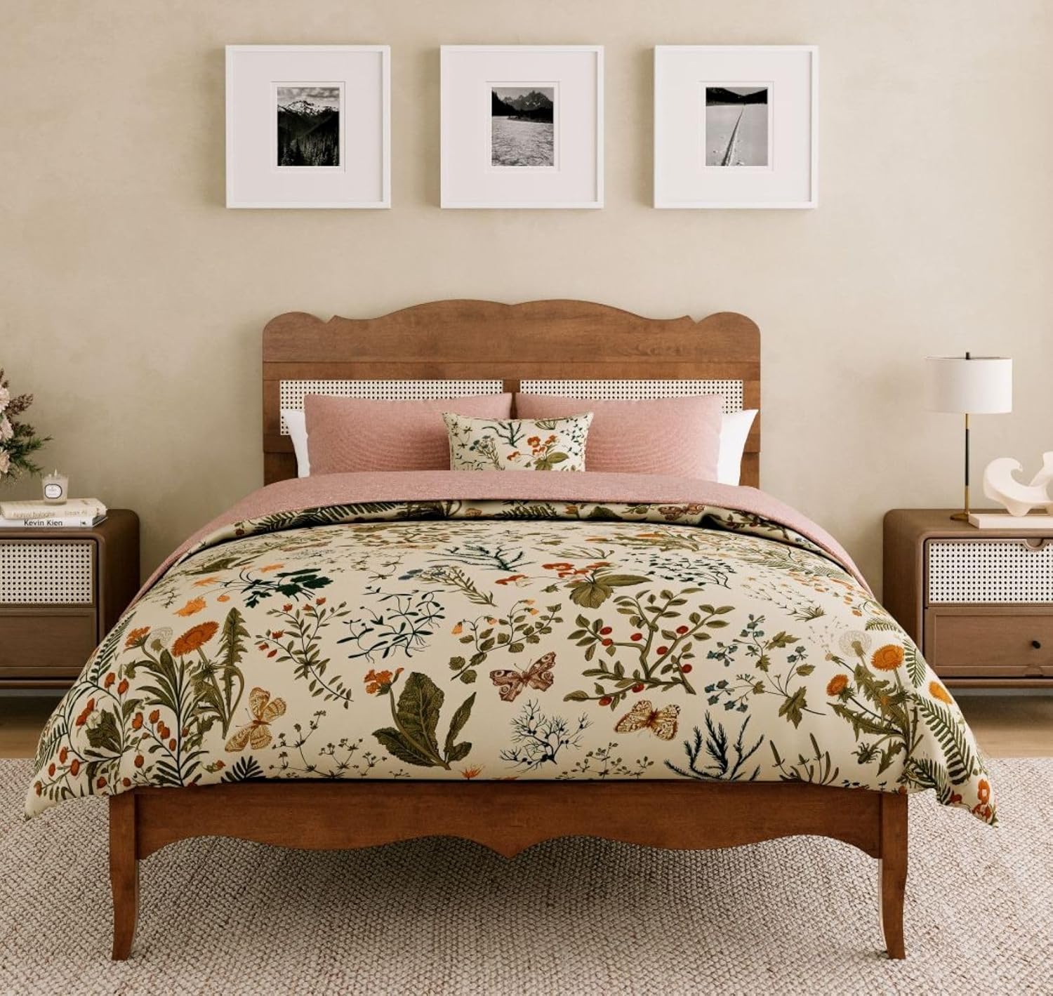 Sophia & William Rattan Bed Frame Full Size, Wood Bed Frame with Adjustable Headboard, Solid Wood Slats Support, Brown
