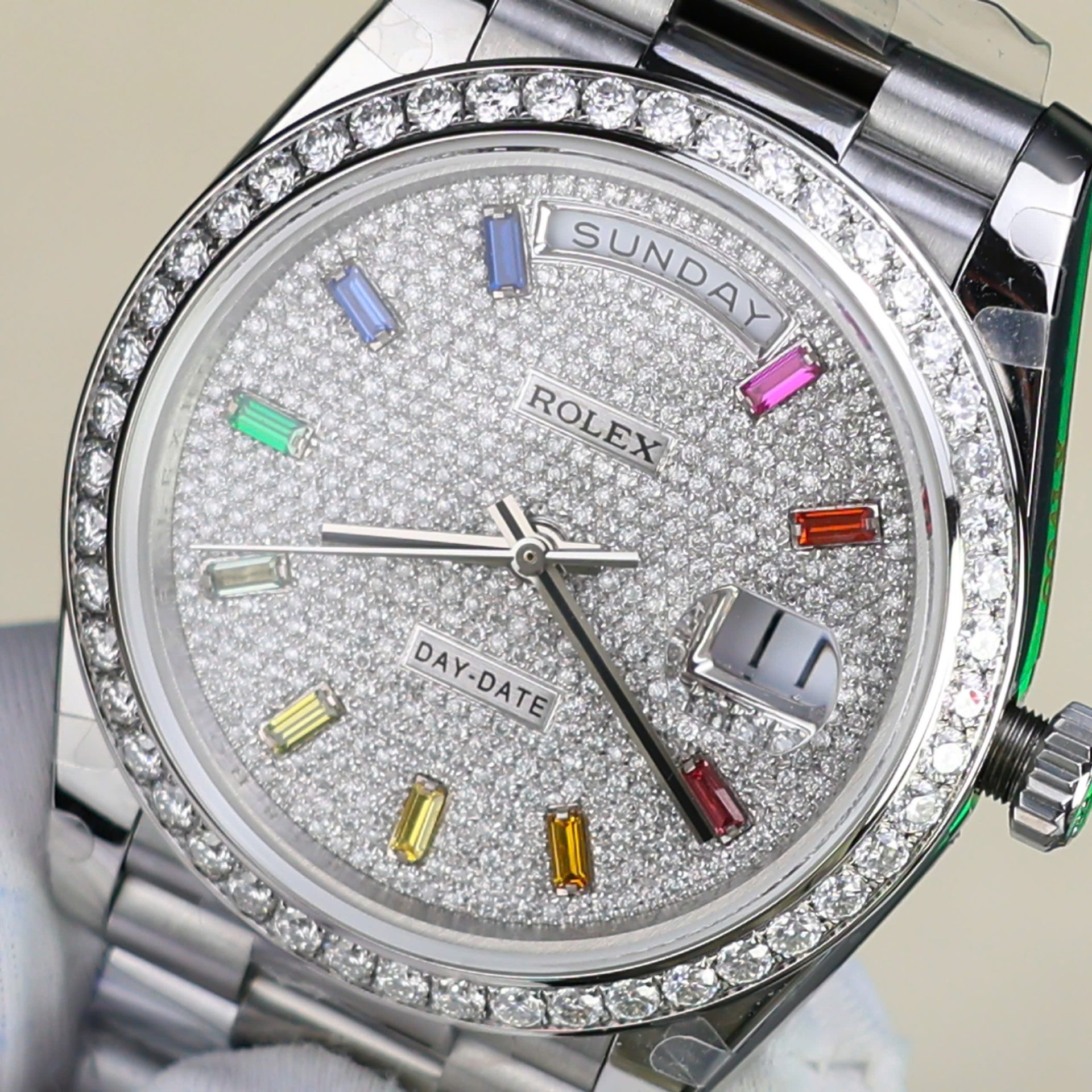 Rolex Day-Date 904L Steel Rainbow Pave Diamond Dial 40mm Super Clone