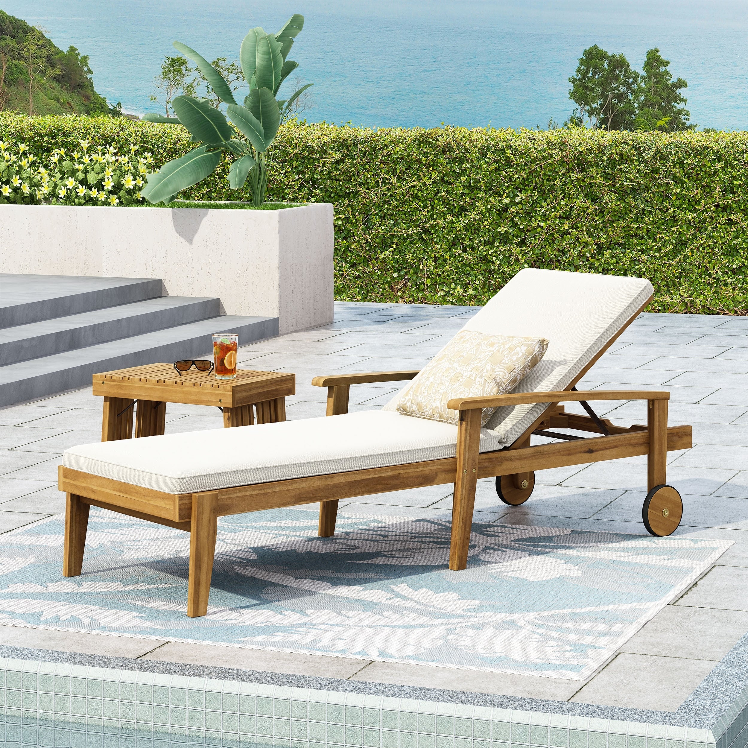 Jason Outdoor Acacia Wood Outdoor Chaise Lounge with Water Resistant Cushion by Christopher Knight Home