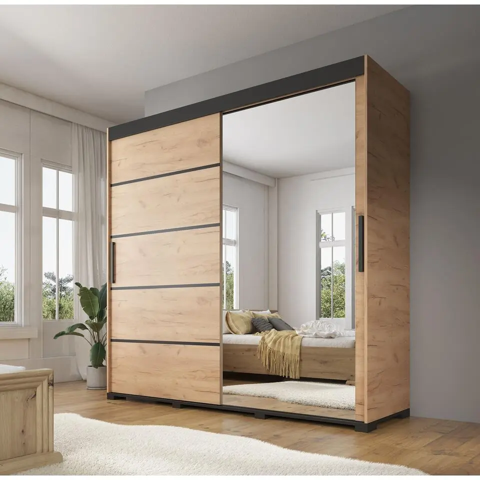 Meubella - Kledingkast Fabio - Eiken - 200 cm - Met spiegel