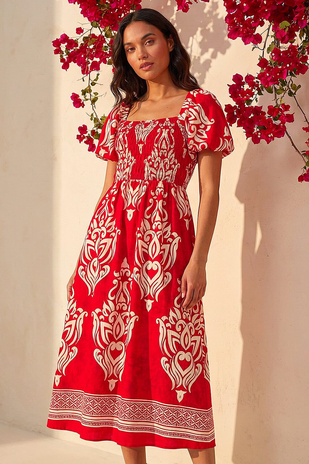 Roman Abstract Print Shirred Midi Dress