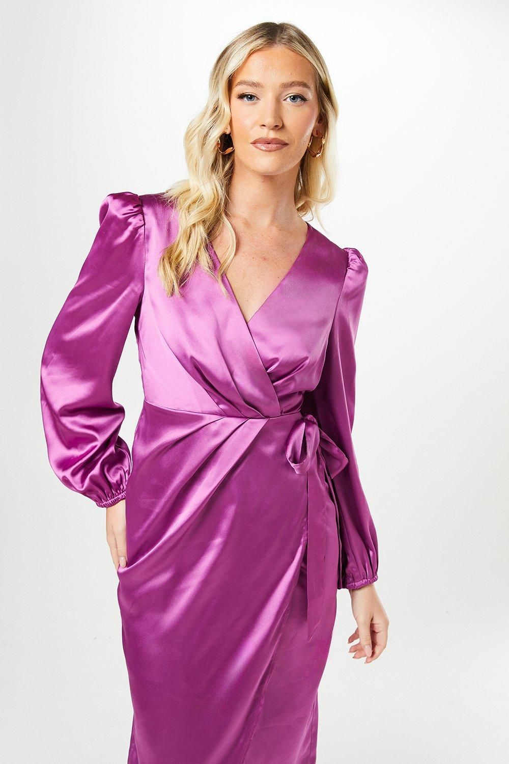 Debut London Debut London By Coast Satin Long Sleeve Wrap Midi Dress