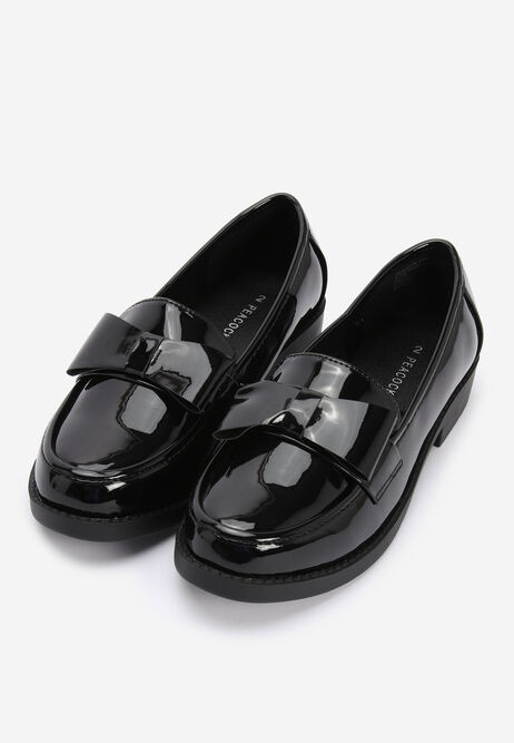 Older Girls Black Patent School Loafers with Bows