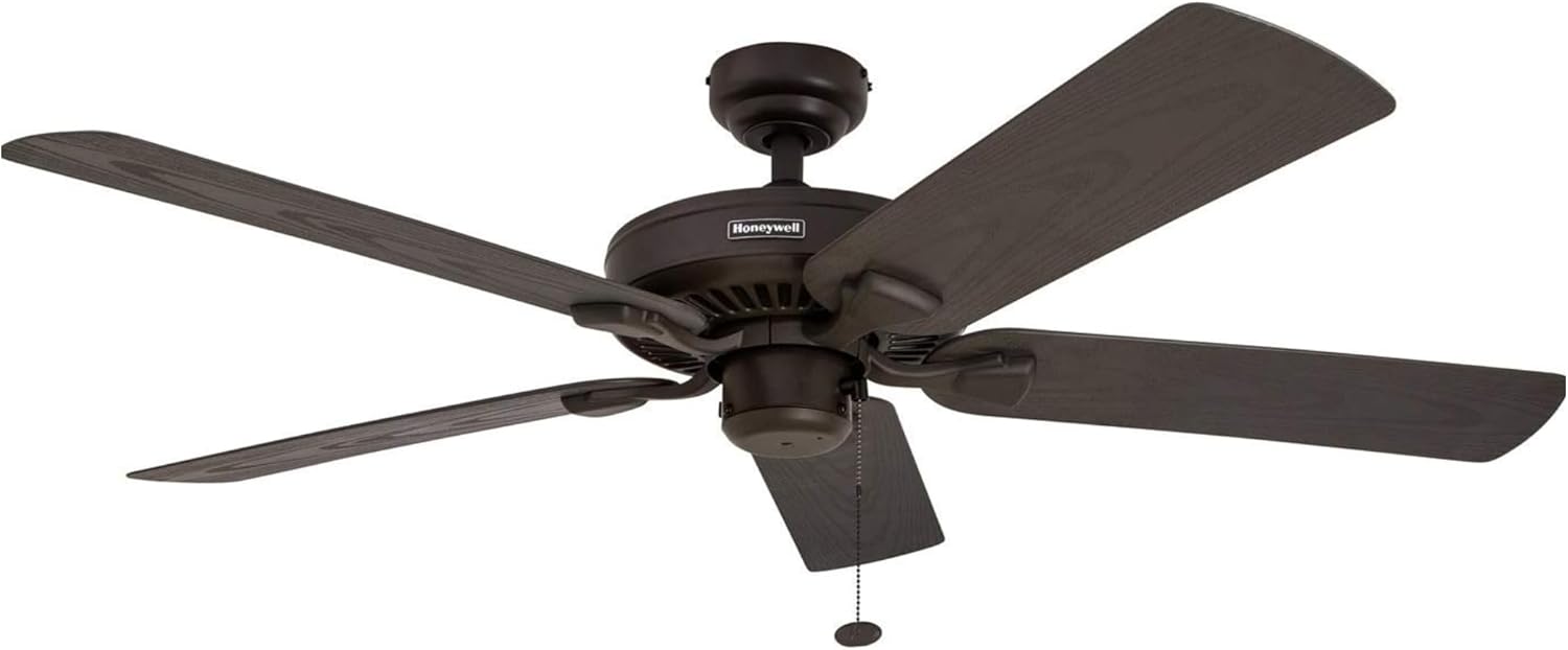 Honeywell Ceiling Fans Belmar 52 Inch Ceiling Fan Without Light, Outdoor Ceiling Fan with Pull Chain, Tri-Mount Traditional 5 Blade Design, ETL Wet Rated, Bronze (50199-01)