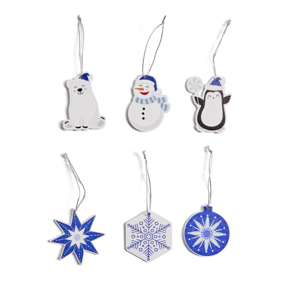 Lot de 6 décorations de No&euml;l en bois à suspendre thème boréal H6cm