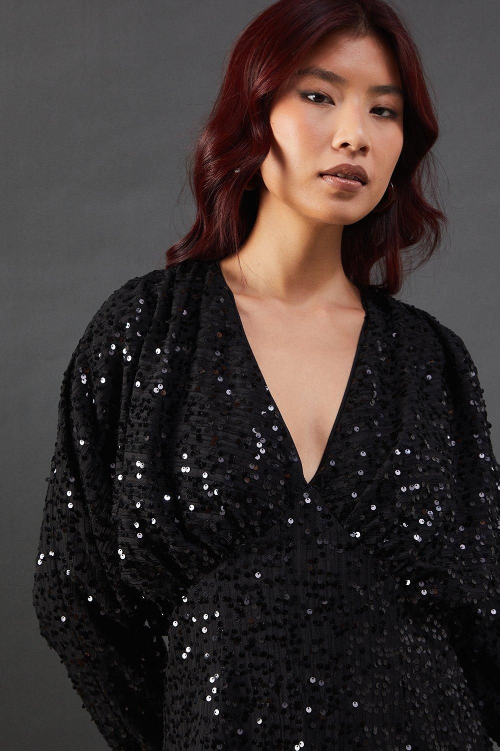 Warehouse Sequin Crinkle Batwing Plunge Neck Midi Dress