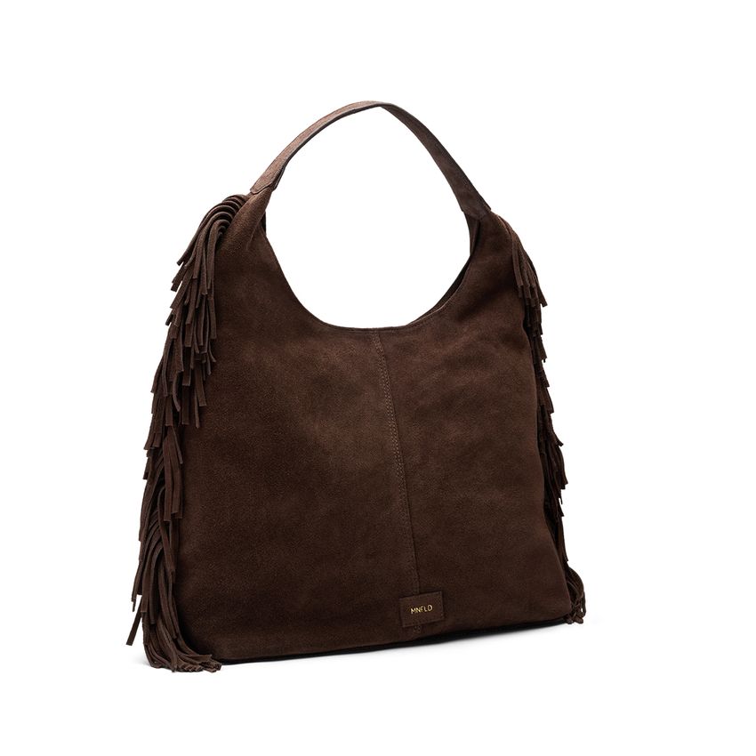 Manfield Donkerbruine suède schoudertas met franjes
