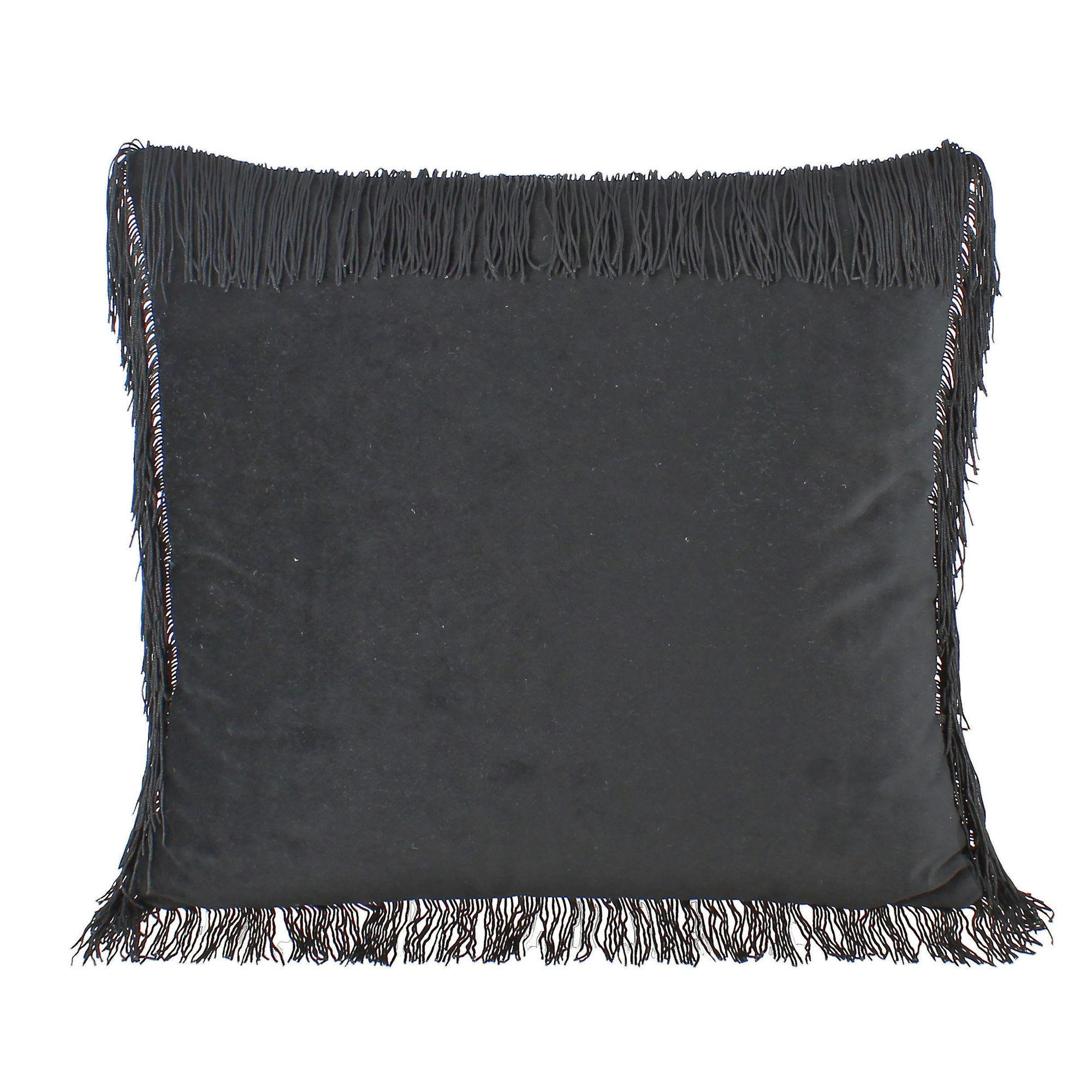 JERRY - Coussin en velours noir avec franges 40cm