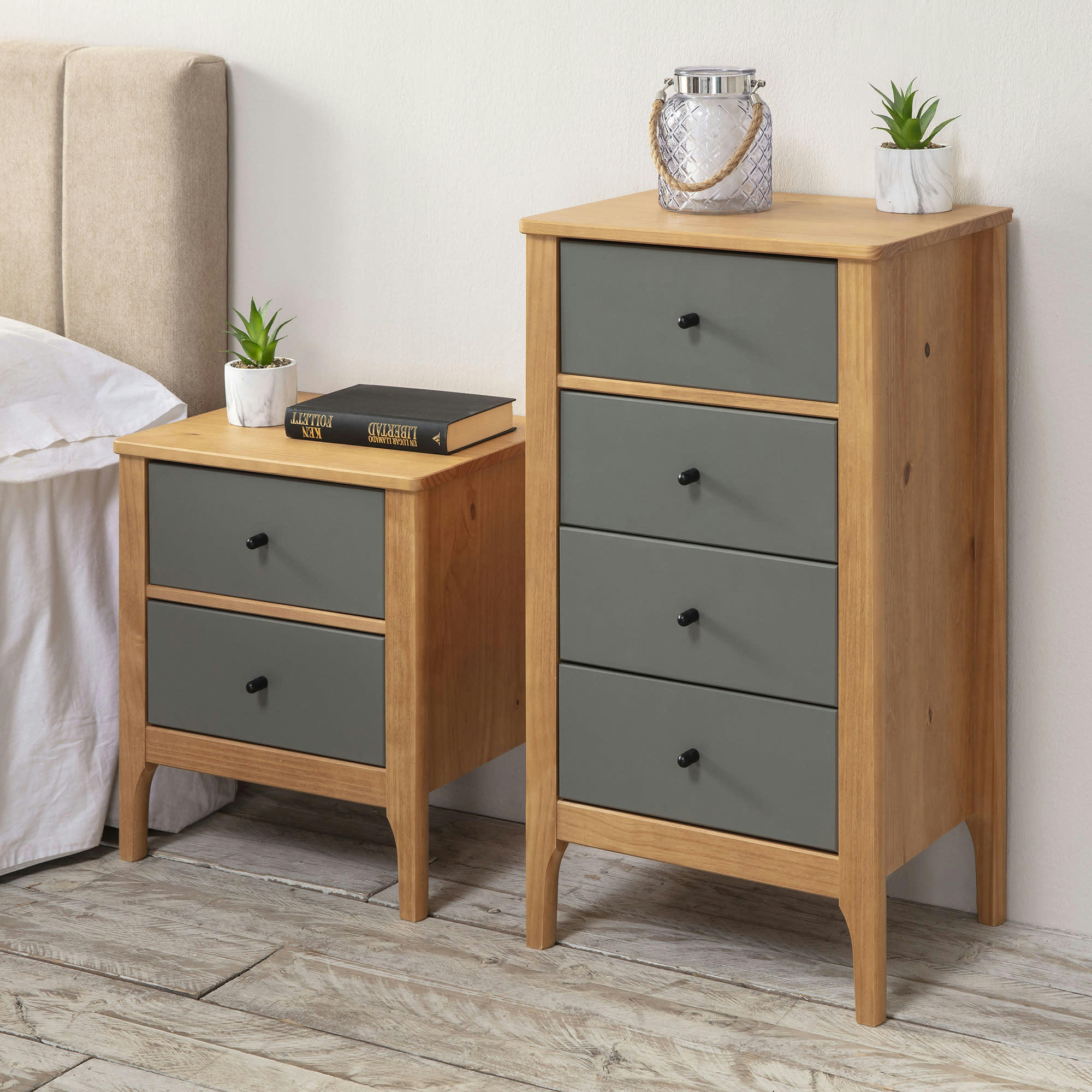 LUCA - Chiffonnier nuit 4 tiroirs dans tiroirs chêne/gris, 46 cm longueur