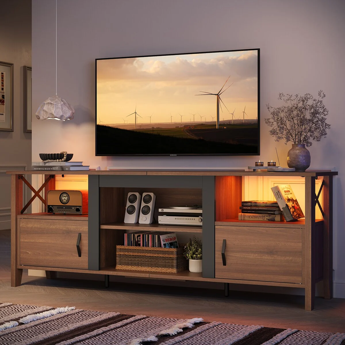 Farmhouse TV Stand for 70 Inch TV with LED Light,63 Tv Console Cabinet with Media Storage