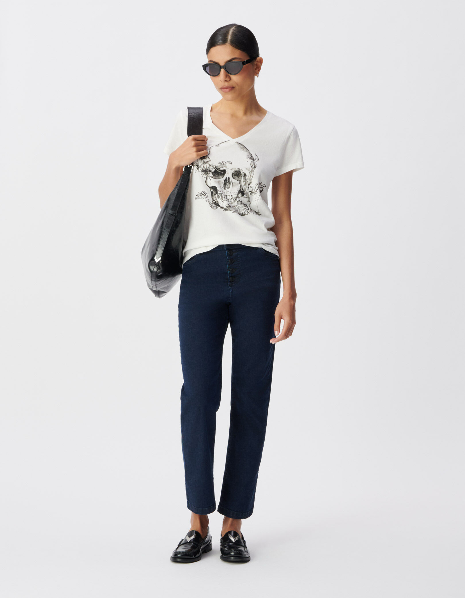 Tee-shirt col V blanc coton bio visuel tête de mort Femme