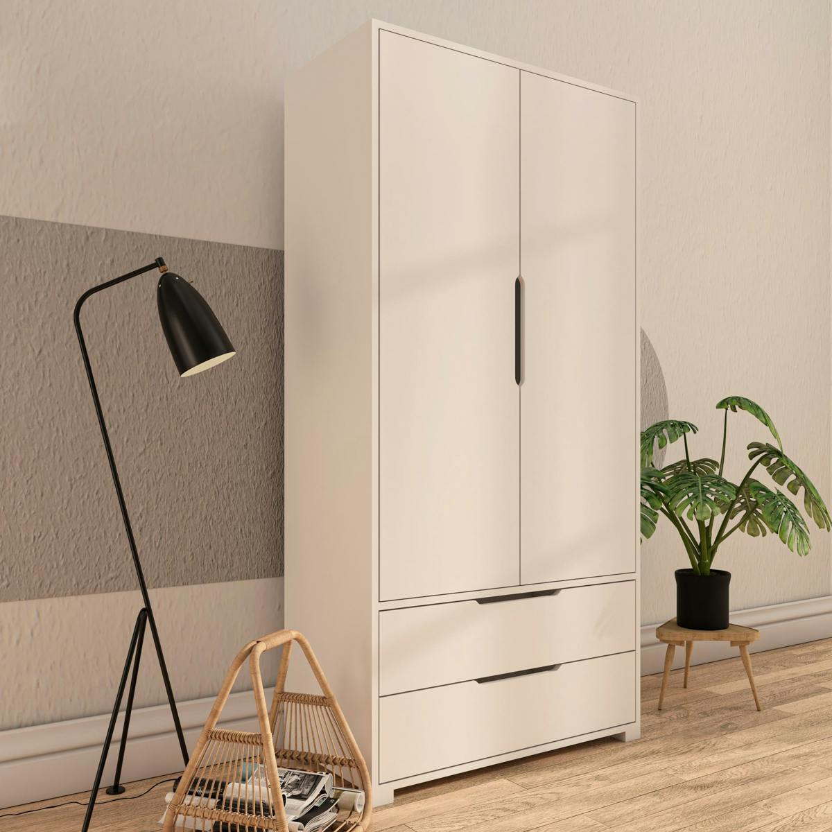 Armoire penderie blanche moderne, 2 portes 2 tiroirs BYRON