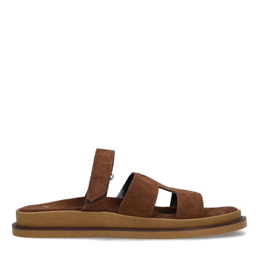 Manfield Bruine suède slippers met bandje