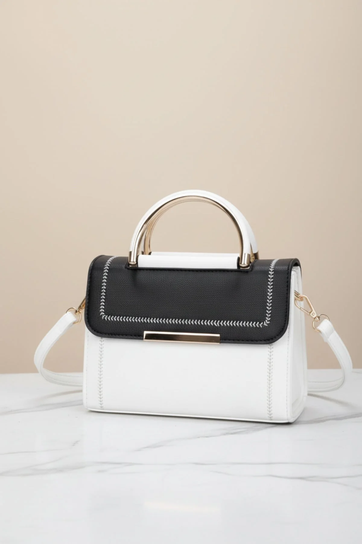 Black & White Colour Block Top Handle Flap Bag