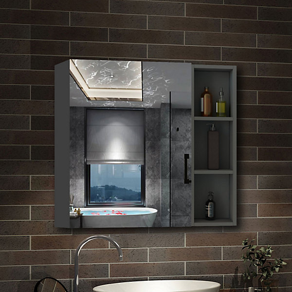 Armoire de Toilette Mural avec Miroir Niches Intégrées et Rangement Fermé - Moderne, Anthracite, 60x70 cm, AICA Sanitaire