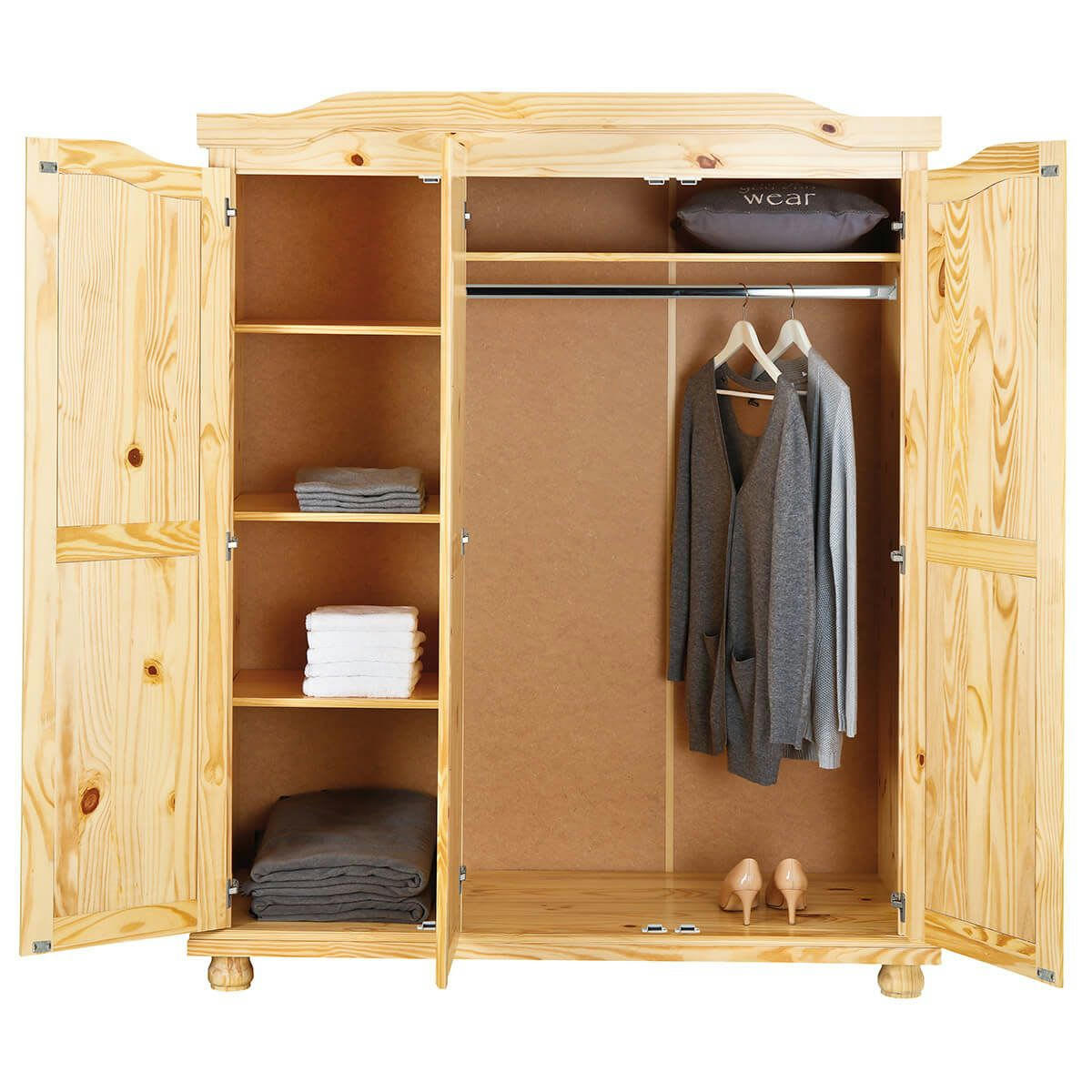 OLIVER - Armoire  3 portes + penderie bois massif naturel