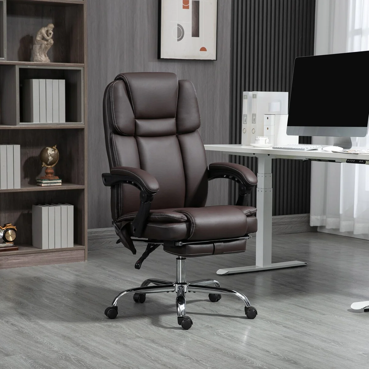 Home Leather Massage Office Chair with 6 Vibration Points Foot Rest Heated Height Adjustable Reclining Computer Chair