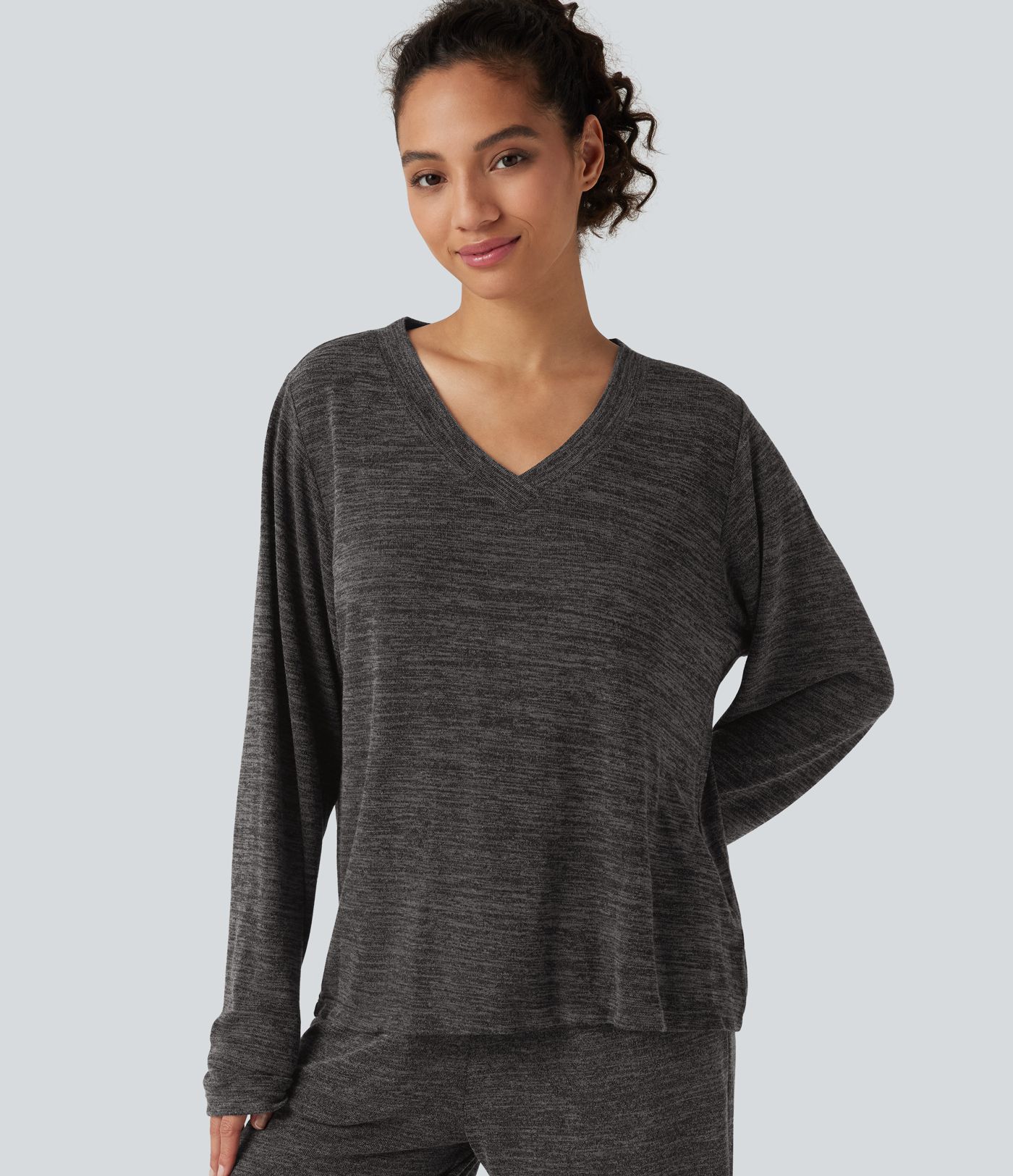 T-shirt coupe boxy à col V et manches longues