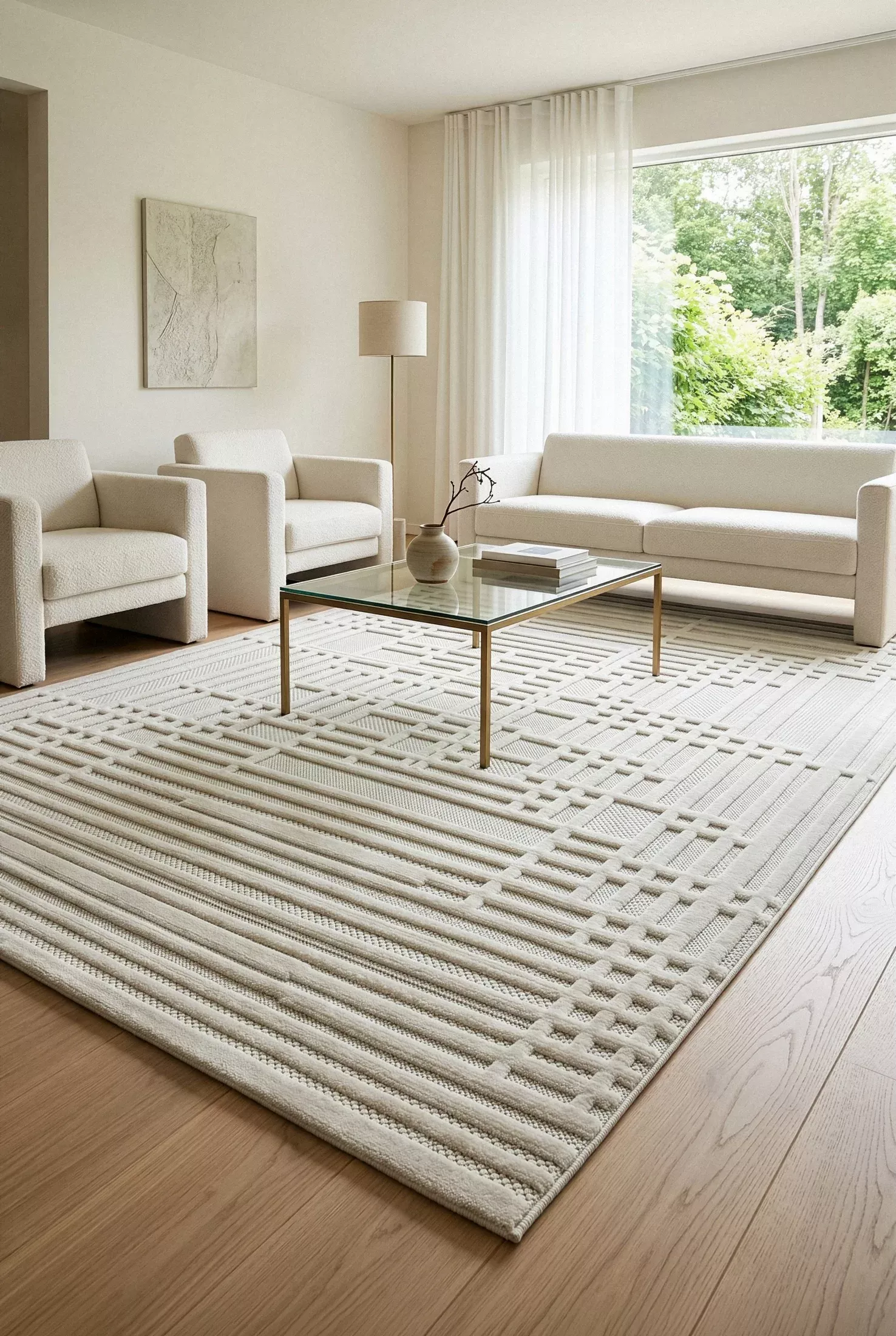 Dywan 200x290 cm kremowo, beżowy strukturalny, wytłaczany z nowoczesnym wzorem geometrycznych linii VENUS 2