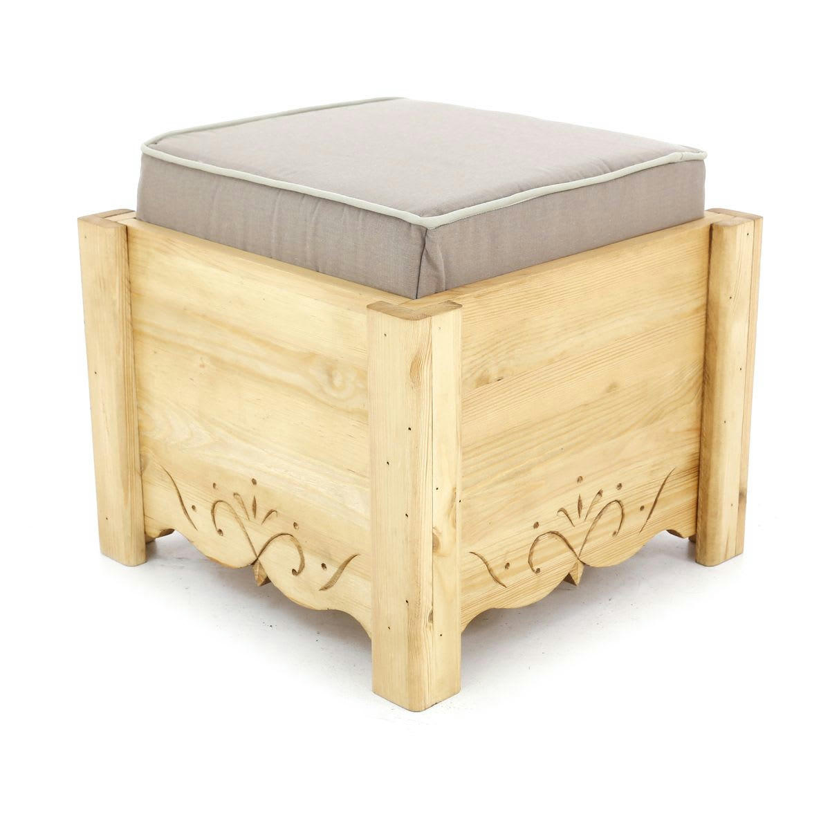DAHU - Pouf coffre de rangement pin massif sculpté Liso taupe Aspin