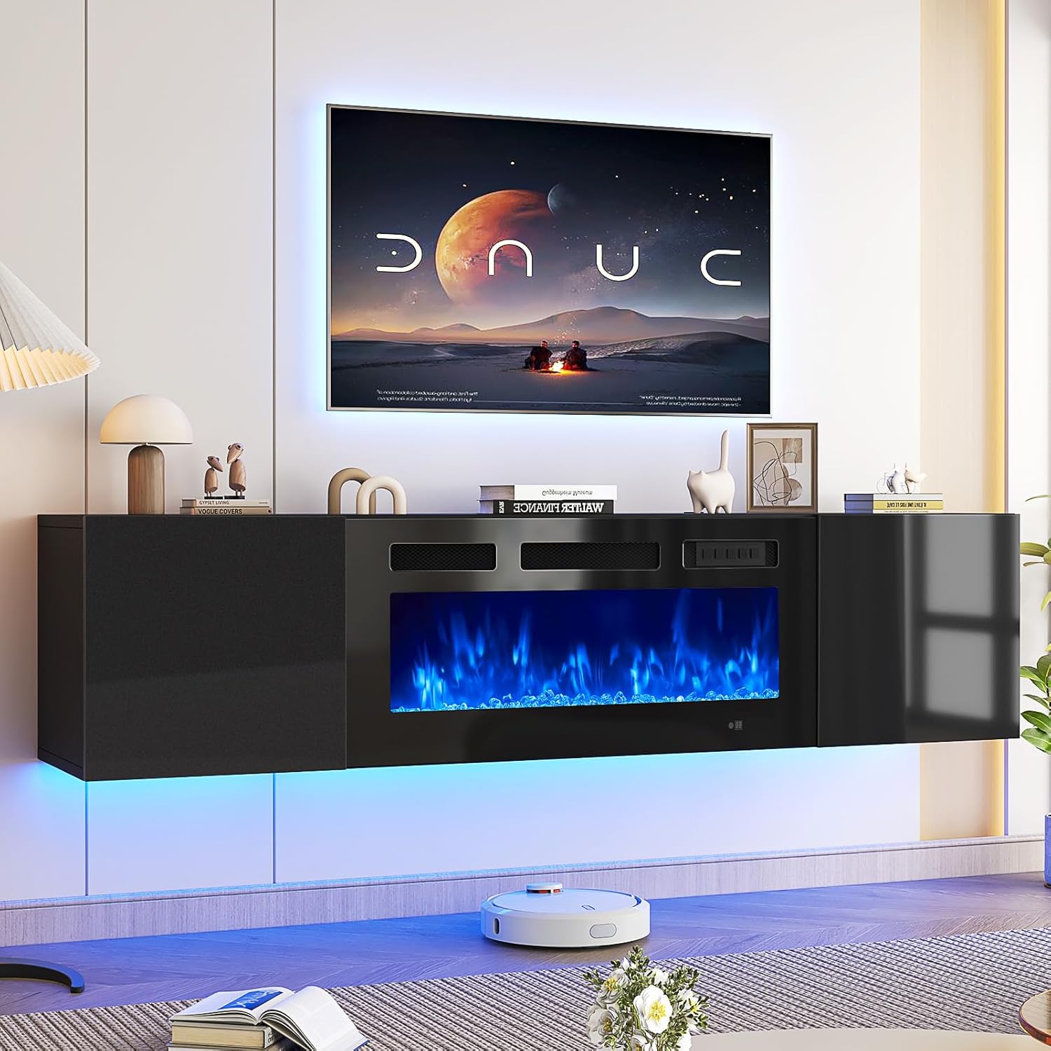 oneinmil 70 Floating TV Stand with 36 Electric Fireplace, Wall Mounted Fireplace Entertainment Center with Storage, Fire Place TV Console for Living Room, All Black