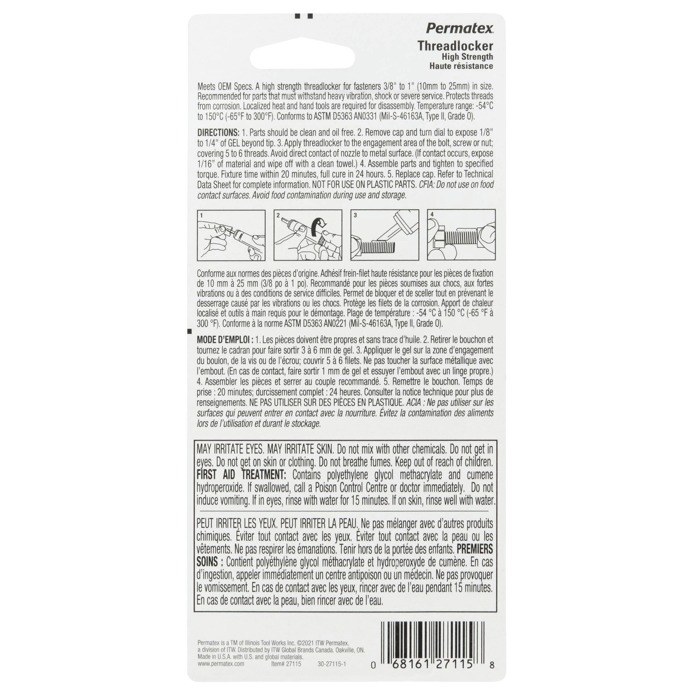 Permatex® High-Strength 271 Threadlocker, Red Gel, 10g