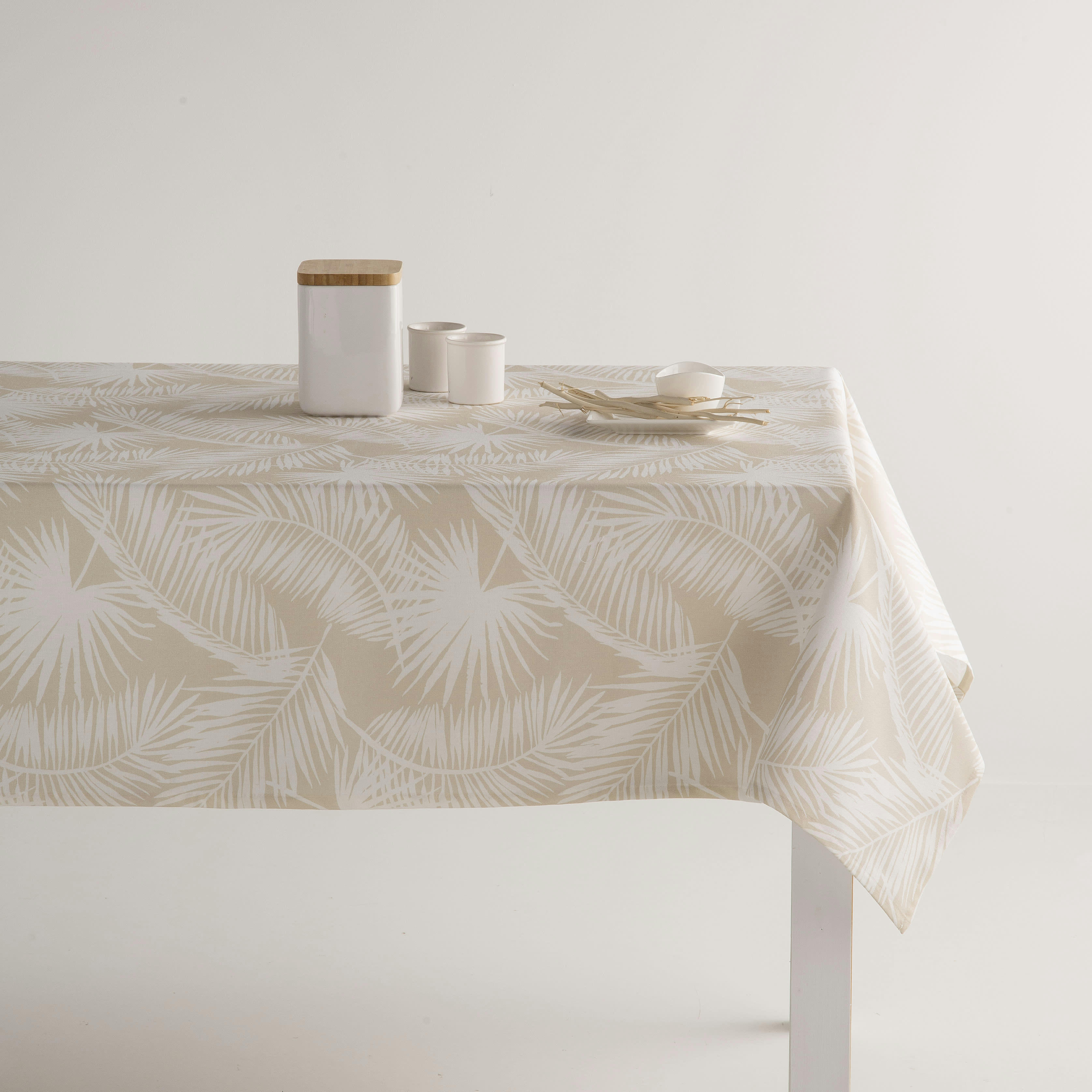 BANZAI BEIG - Nappe en coton biologique antitâche imprimée beige 140x240 cm
