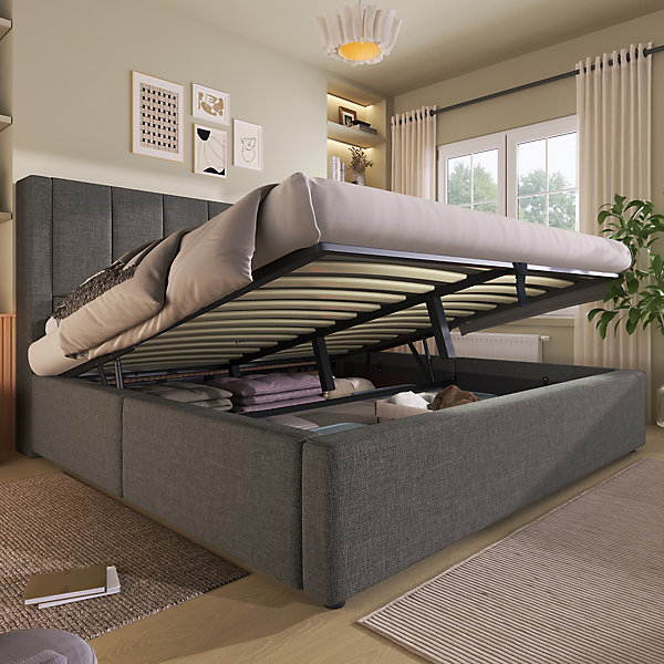 Lit coffre rembourré 160x200cm avec porte-gobelet - ports USB et Type-C - avec sommier à lattes - Lin - Gris (sans matelas)